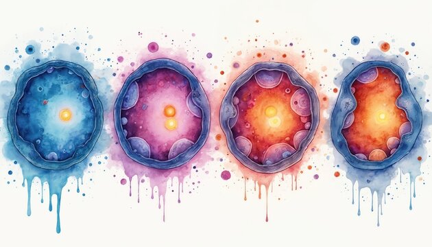 Watercolor cells display mitosis progression from interphase to cytokinesis. Abstract organic forms show division, replication. Science art visualizes cellular life cycle, cell growth, division