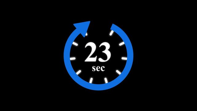 Animation video timer icon with 23 sec. seconds stopwatch icon. Stopwatch icon in flat style. sec timer symbol, isolated on transparent background. Motion graphics of stile number count concept