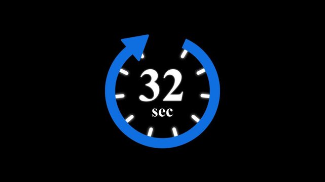 Animation video timer icon with 32 sec. seconds stopwatch icon. Stopwatch icon in flat style. sec timer symbol, isolated on transparent background. Motion graphics of stile number count concept