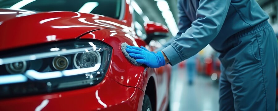 Worker with blue gloves polishes shiny red car surface. Automotive factory worker details auto body. Careful mechanic buffs vehicle paintwork. New car polish and finishing touch.