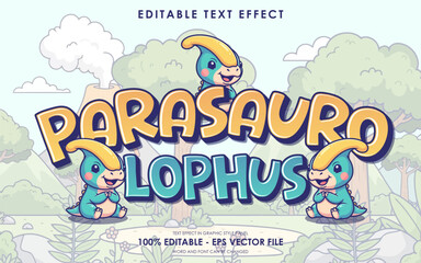 Editable text effect featuring the Parasaurolophus dinosaur in a playful cartoon style. © Re Project Studio