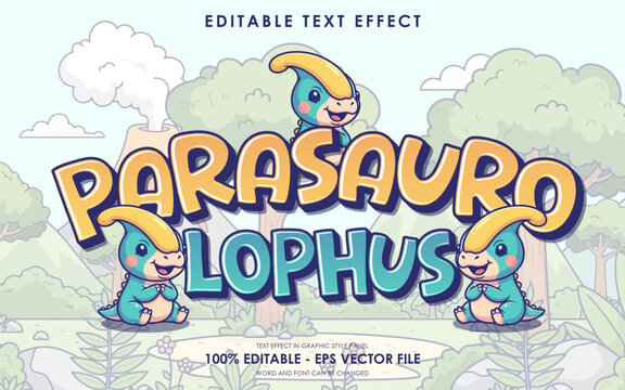 Editable text effect featuring the Parasaurolophus dinosaur in a playful cartoon style.