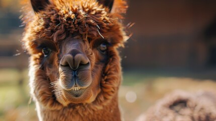 Obraz premium Close-up of a brown alpaca with fluffy fur and a curious expression. The background is softly blurred, highlighting the alpaca's features.