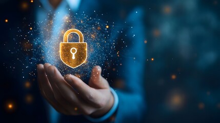 Glowing digital padlock icon hovers above a person's outstretched hand against a dark background
