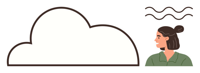 Cloud storage, digital technology, creative thinking, data analytics, information flow, AI. A cloud shape, abstract lines a woman in a green shirt. Cloud storage and digital technology theme