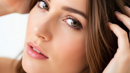 Fototapeta premium Young woman touching her hair and looking at the camera indoors 