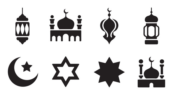 Simplified islamic icons featuring mosque silhouettes crescent moon and star symbols with various star shapes