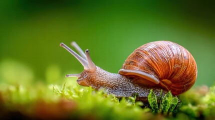 A close-up shot of a snail crawling on vibrant green moss.