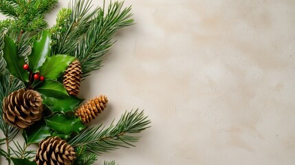 Fototapeta premium Beautiful Christmas Elements with Pine Cones and Holly Leaves