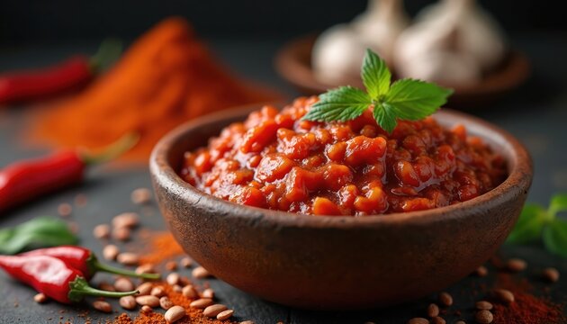 Close up of spicy Indonesian sambal ulek in rustic bowl. Red chilies, paprika powder, garlic, and peanuts surround the dish. Fresh mint leaf garnishes the chili paste, used for cooking.