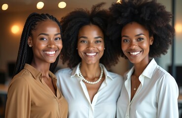 Fototapeta premium Three smiling African American women stand close together indoors. They appear confident and pro in their attire. The women look happy and friendly posing for photo.