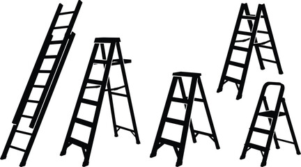 Collection of ladder silhouettes showing step ladders and extension ladders, construction and maintenance equipment set, safety tools isolated on white background vector illustration