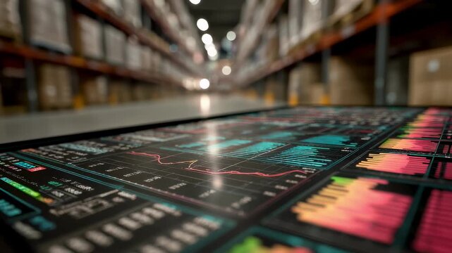 Closeup of a digital dashboard portraying realtime stock movement through a digital replica of a storage area with the physical warehouse softly blurred behind.