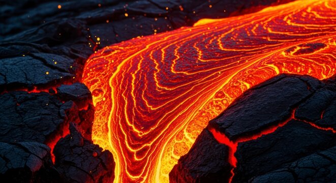 Molten Lava Flow on Dark Surface.