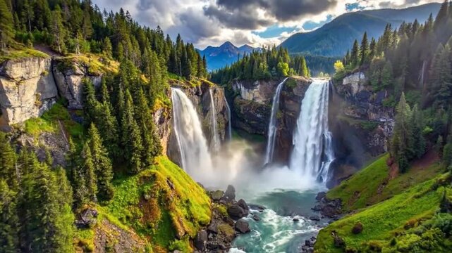 Majestic twin waterfalls cascade down y cliffs amidst lush green forest landscape.