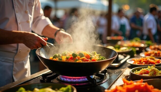 Chef cooks fresh vegetables in wok on gas stove for food festival crowd. He prepares healthy meal outdoors at outdoor event. Many people watch cooking show presentation.