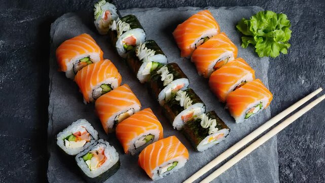 Freshly Prepared Salmon and Cucumber Maki Sushi Rolls on Slate Plate with Chopsticks, Japanese Cuisine, Food Photography.