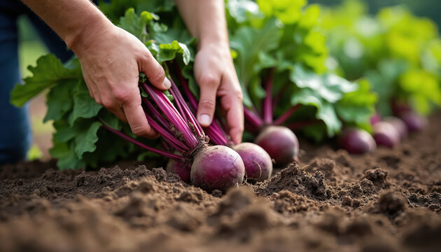 Hands harvest fresh beets from garden soil. Farmer pulls root vegetable from dirt. Row of beetroot plants grows in field. Healthy organic food from farm.