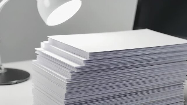 Stack of papers on a desk with a modern lamp, representing work, organization, and professional productivity in a contemporary office setting.