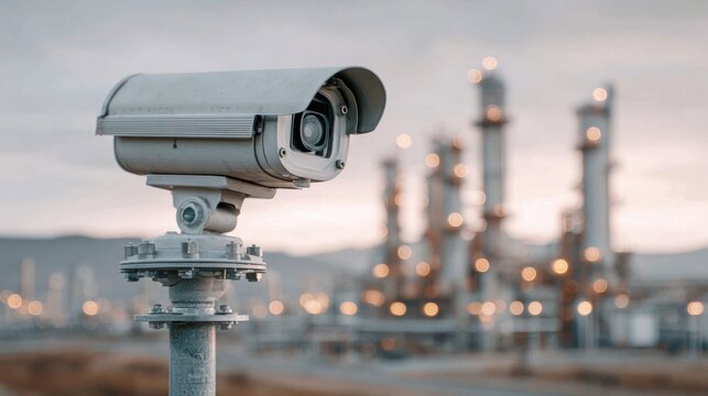 Security camera overlooking an industrial facility at dusk