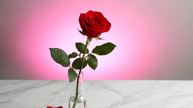 Elegant red rose in a glass vase on a marble surface, romantic background.