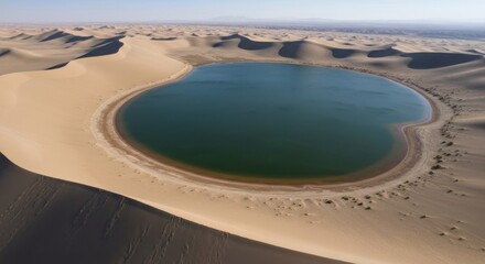 Desert oasis, a tranquil lake encircled by dunes