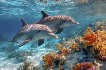 Playful dolphins swimming underwater near colorful coral reef in clear ocean water with sunlight reflections creating lively and vibrant marine scene