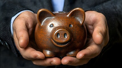 Mature hands in formal attire cradle a small, bronze-toned coin receptacle shaped like a smiling hog.