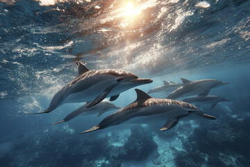 Fototapeta premium Pod of dolphins swimming gracefully underwater in clear blue ocean with sunlight shining through surface, creating peaceful and vibrant marine scene