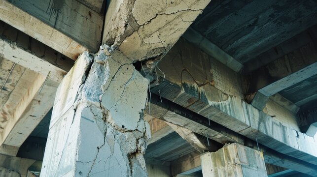 Close-up of a damaged concrete pillar with visible cracks and wear. The structure shows signs of aging and deterioration, highlighting construction issues.