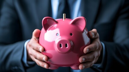Businessperson carefully holds a shiny pink ceramic money receptacle in front of a dark suit jacket.