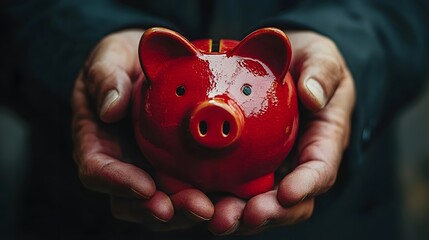 Two mature hands carefully cradle a bright red ceramic saving bank