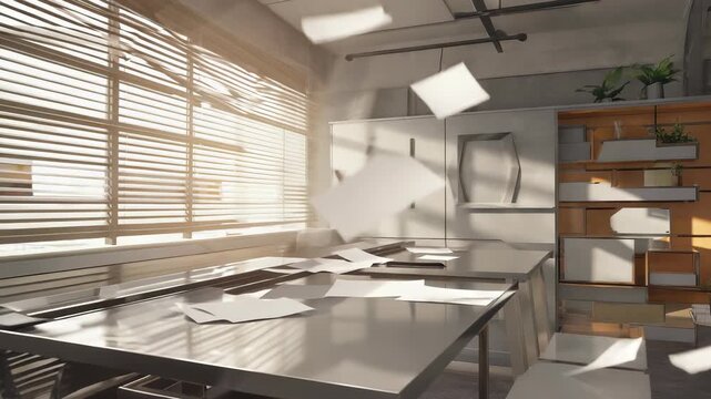 Scattered Documents on Office Desk: Morning Light, Workspace Chaos, Business Papers, Productivity, and Teamwork Concept.