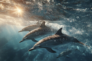 Fototapeta premium Pod of dolphins swimming underwater near sunlit surface with bubbles and light rays creating peaceful and dynamic ocean scene full of life and movement