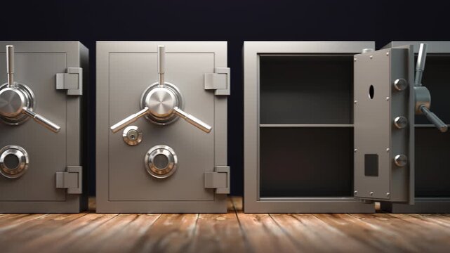 Row of opening empty safe vaults. 3d animation