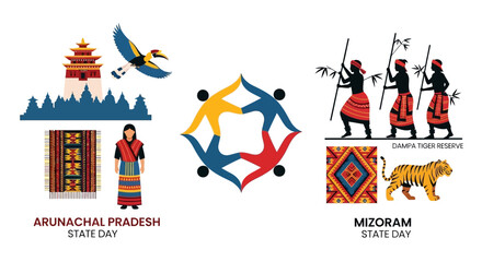 Obraz premium Illustrations of Arunachal Pradesh and Mizoram State Day symbols and icons featuring people, elements, and cultural motifs of India.