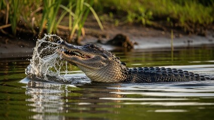 Alligator breaking water surface with splash, teeth visible, side view