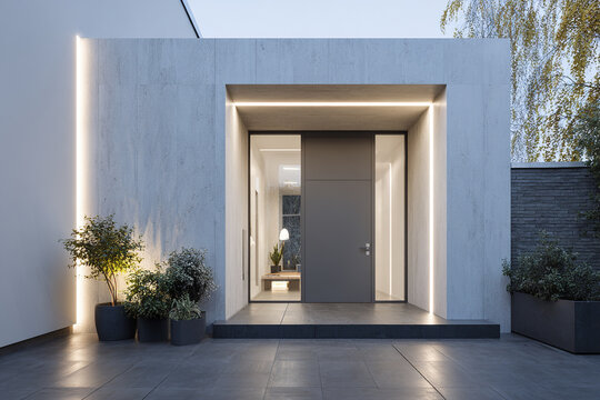 Modern home entrance with large gray door and illuminated concrete frame, potted plants on tiled porch, evening exterior with minimalist design and clean lines