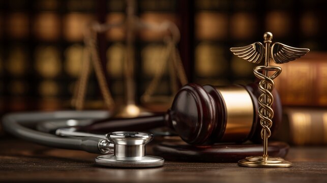 Gavel, stethoscope and caduceus on law book representing medical malpractice claim and legal liability.