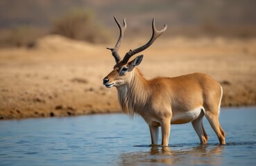 Naklejka premium Male saiga antelope stands in shallow blue water near dry grassy steppe. Horned mammal with light brown fur looks to the left. Wildlife and nature photography background for conservation topics.