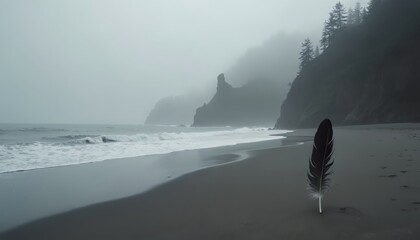 Obraz premium Black feather stands on dark sand beach. Waves crash on shore near foggy cliffs and forest. Serene ocean landscape evokes solitude and nature mystery.