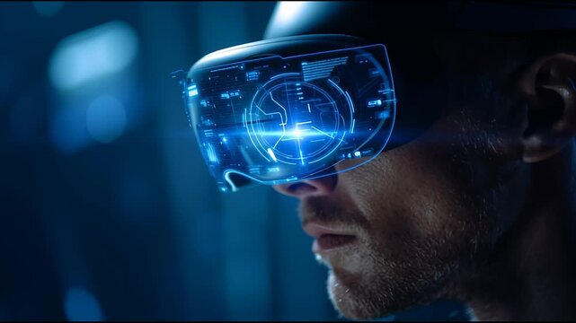 Man wearing high-tech virtual reality headset with futuristic holographic display interface