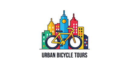 Fototapeta premium Colorful logo featuring a yellow bike in front of city skyscrapers with text below