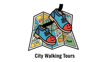 Cartoon illustration featuring happy shoes, a city map, and text "City Walking Tours
