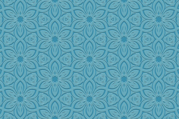 Tribal blue background, banner, cover design, mural. Geometric embossed floral pattern. Ornamental motifs of the East, Asia, India, Mexico, Aztec, and Peru. Ethnic and folk traditions.