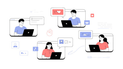 Fototapeta premium Illustration of people communicating and collaborating online with laptops and social media icons around them