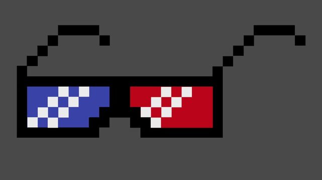 Stylized pixel art interpretation of classic red and blue 3D glasses, symbolizing retro gaming, digital media, and virtual reality experiences for nostalgic visual content