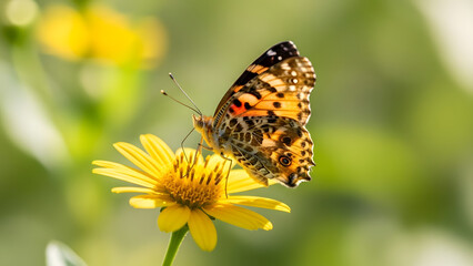 Obraz premium A butterfly perched on a yellow flower, showcasing nature's beauty in a serene outdoor environment.
