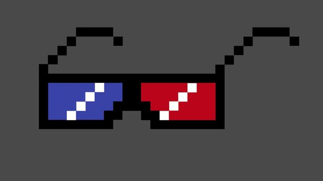 Vibrant pixel art 3D glasses icon featuring classic red and blue lenses, perfect for retro gaming, cinema themes, or vintage digital media concepts
