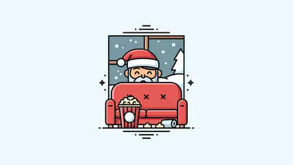 Fototapeta premium Cartoon Santa in a red couch, watching snowflakes through a window, with popcorn